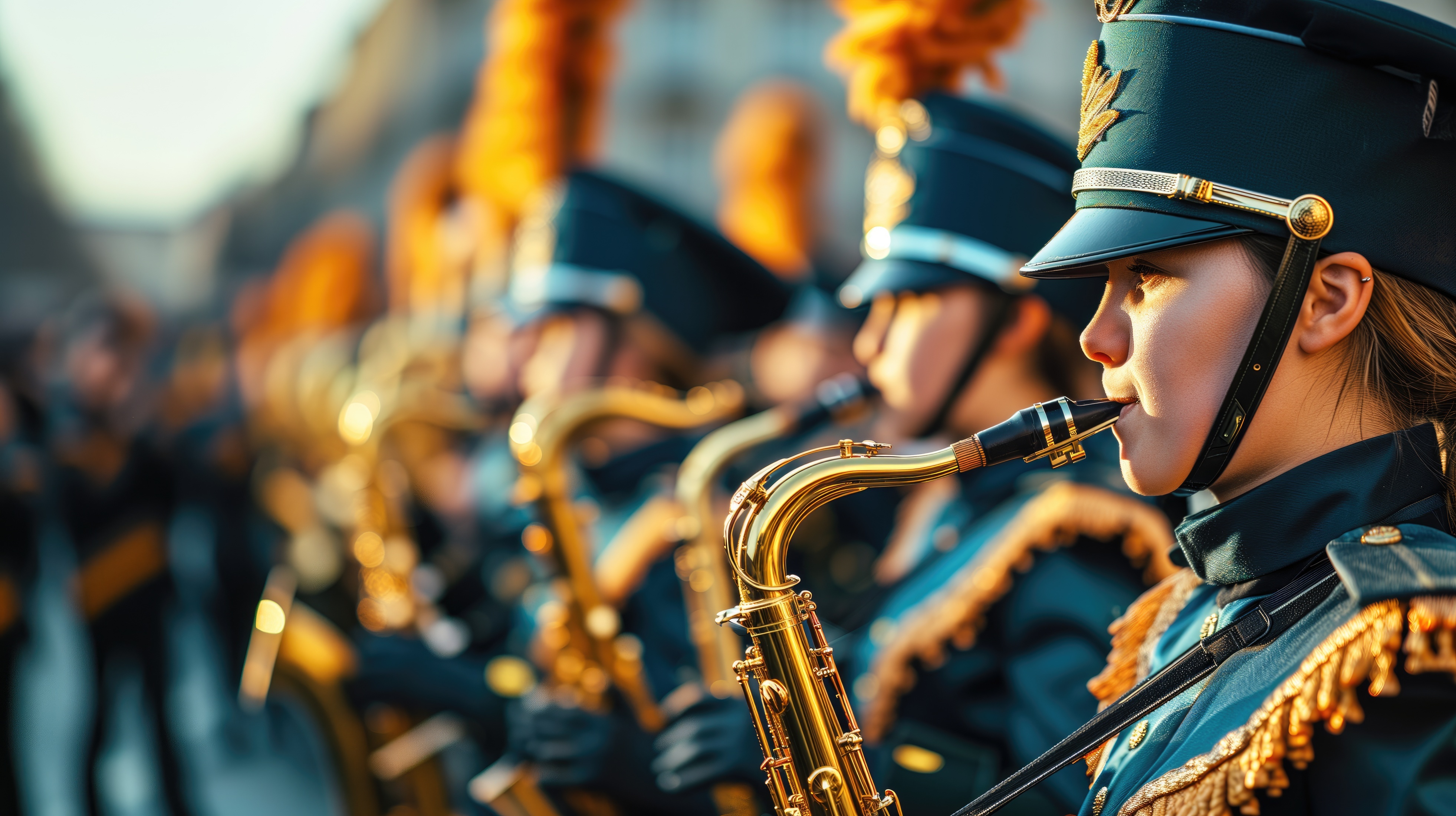 Marching band musician playing saxophone in a custom uniform